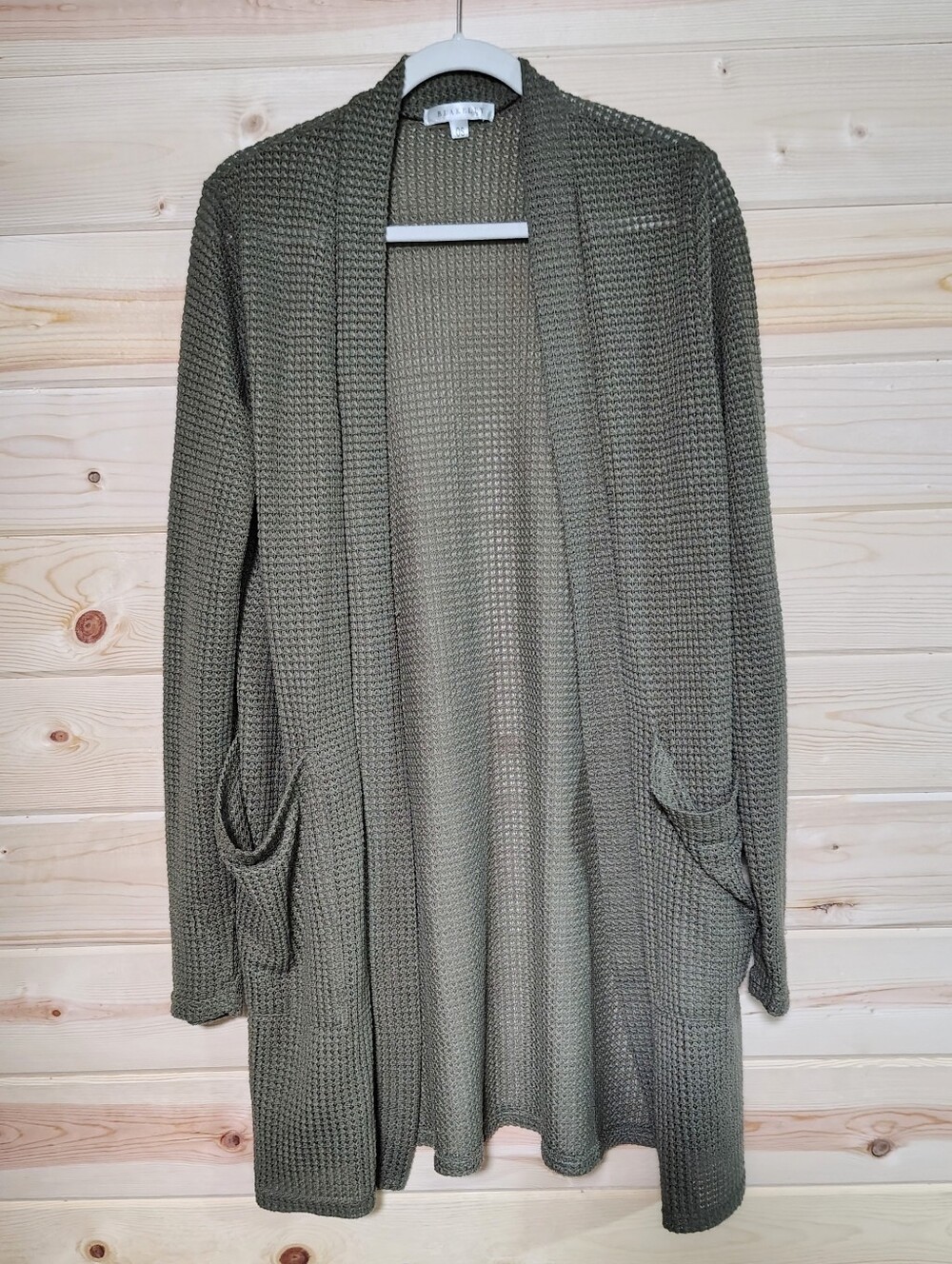 Blakeley Waffle Knit Long Line Cardigan Open Front Olive Green Size 0S Pockets
